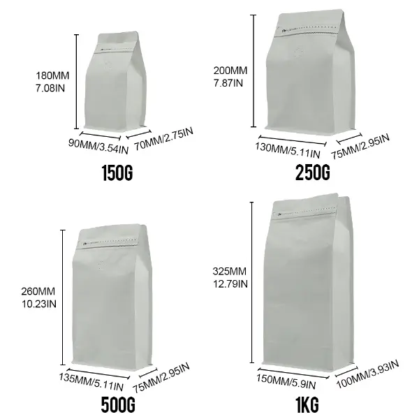 150G 250g 500g 1kgストックコーヒーバッグのサイズ表