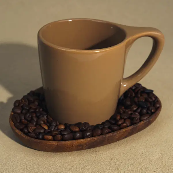 コーヒービーンズシーンでのカスタムブラウンフラットマウスセラミックマグカップの取っ手付き
