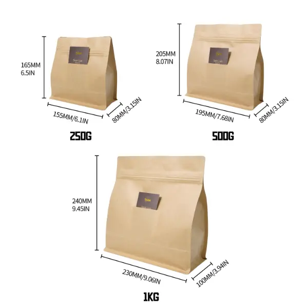 250g、500g、1kgの横向きコーヒーバッグサイズガイド