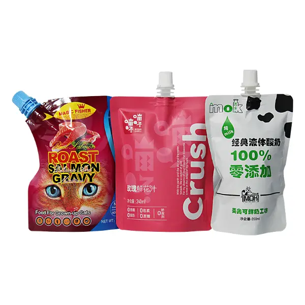 液体用のプラスチック製スポウトポーチ包装, スクリューキャップ付きの飲料および食品