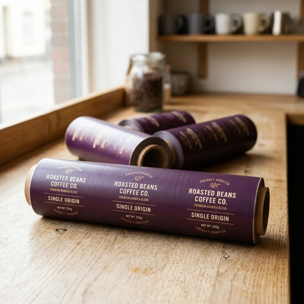 紫色Printed_packaging_film_rolls_on木製のテーブル